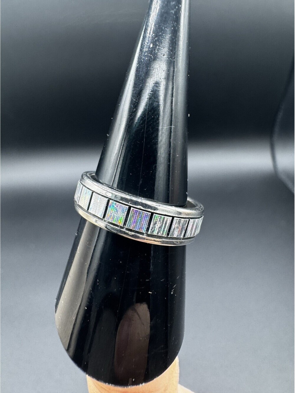 Stainless Steel Silver Holographic Inlay Band Ring Unisex Rainbow Reflective SZ9